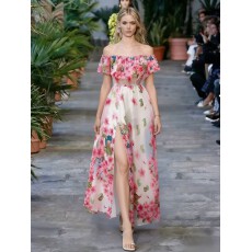 批发夏季新款荷叶边一字领印花长裙女收腰大摆沙滩裙开叉雪纺连衣裙潮