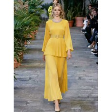 批发小众设计高级感法式镶钻圆领系带立体花大摆垂感百褶雪纺长连衣裙