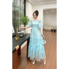 批发高定制法式复古气质显瘦一字肩木耳边抹胸波点网纱大摆蛋糕长裙