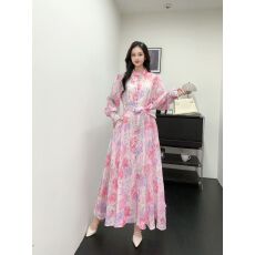 批发小众外贸欧美度假风灯笼袖花扣印花裙优雅名媛<b class='q'>连衣裙</b>长款