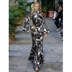 批发欧美风小众洋气豹纹印花喇叭袖<b class='q'>连衣裙</b>女秋季网纱收腰优雅鱼尾长裙