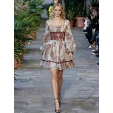 批发韩版灯笼袖方领印花<b class='q'>连衣裙</b>女夏收腰小个子修身型A字裙通勤短裙