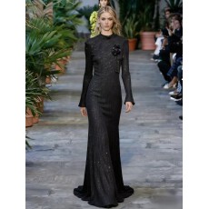 批发立领喇叭长袖收腰大摆净色中长<b class='q'>连衣裙</b>白黑咖