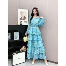 批发名媛气质<b class='q'>长袖</b>圆领收腰显瘦a字印花荷叶边蛋糕雪纺礼服连衣裙