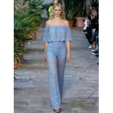 批发法式名媛温柔减龄重工蕾丝一字领上衣+裤子