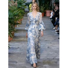 批发大码法式性感v领印花连衣裙高级感收腰度假长裙