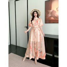 批发欧美新品复古重工花朵吊坠钉花优雅泡泡袖单排扣<b class='q'>连衣裙</b>