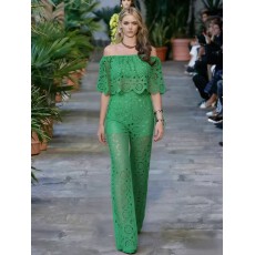 批发法式穿搭女夏气质高级感圆领短袖镂空钩花蕾丝上衣高腰包臀半身裙