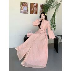 批发复古风重工钉钻灯笼袖长裙女高腰立领优雅名媛表演礼服