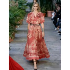 批发法式复古浪漫立体花朵V领泡泡袖连衣裙女收腰气质印花大摆长裙子