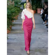 批发高级感惊艳小洋装设计立体花朵斜领连衣裙女名媛优雅晚会礼服长裙