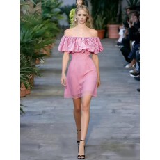 批发法式一字肩蕾丝拼接荷叶边连衣裙女蓝色高腰显瘦A字裙度假<b class='q'>风</b>