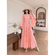 批发沙漠草原旅行女复古度假<b class='q'>风</b>喇叭袖长裙雪纺大裙摆连衣裙