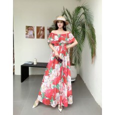 批发一字肩荷叶边连衣裙<b class='q'>女装</b>夏季新款收腰显瘦气质超仙碎花度假裙