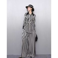 批发轻熟风气质蝴蝶结印花收腰<b class='q'>中长款</b>衬衫+高腰显瘦百褶阔腿裤两件套