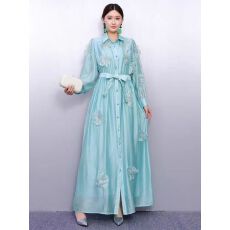 批发春新款女连衣裙宽松重工刺绣花朵系带长裙时尚休闲减龄气质