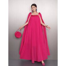 批发春季新款一字肩立体花朵雪纺连衣裙女飘带长裙飘逸度假礼服裙