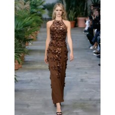 批发<b class='q'>欧美</b>性感圆领立体花朵镂空无袖长裙黄色开叉绷带礼服派对宴会女装