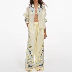 批发高端女装2026春季<b class='q'>翻领</b>印花衬衫上衣+休闲阔腿裤套装