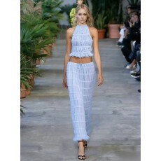 批发欧美跨境夏抽绳雪纺纯色褶皱挂脖露背短背心长裙沙滩度<b class='q'>假两件</b>套