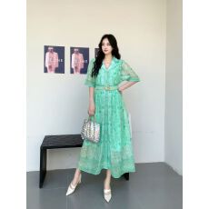 批发法式浪漫风印花设计感连衣裙女小众夏季<b class='q'>西装</b>领收腰显瘦气质长裙