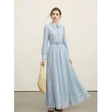 批发法式高端优雅连衣裙女时尚重工钉珠亮片网纱拼接绑带收腰蕾丝长裙
