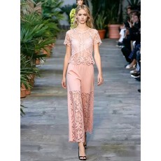 批发欧洲站2026夏季新款女钉钻圆领蕾丝镂空上衣配长裤精致套装