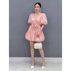 批发越南小众流光纱V领蓬蓬褶皱连衣裙法式设计感纯欲花苞立体花短裙
