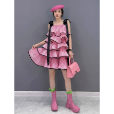 批发甜美千金风3D立体百褶吊带蛋糕连衣裙女荷叶边系带显瘦小礼服时尚