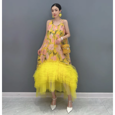 批发不规则前短后长抽象印花半身蓬蓬礼服裙活动走秀party