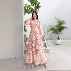批发法式波点V领修身型不规则<b class='q'>连衣裙</b>女夏收腰荷叶边显瘦蛋糕裙名媛风