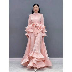 批发优雅轻奢裙套装女荷叶边喇叭袖立领亮面<b class='q'>衬衫</b>半身长裙两件套礼服