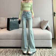 批发拉链春季时尚百搭显瘦<b class='q'>提</b><b class='q'>臀</b>弹力<b class='q'>裤</b>子复古中高腰微喇叭牛仔<b class='q'>裤</b>女