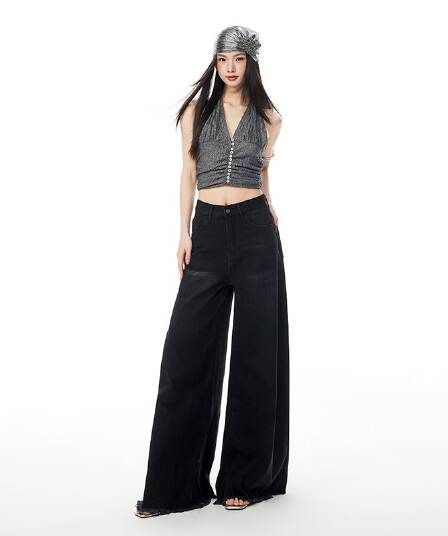 워싱 레트로 이문화 블랙 회색 넓은 다리 데님 바닥 닦기 바지 코끼리 다리 대 바지 거친 가장자리 발 측면