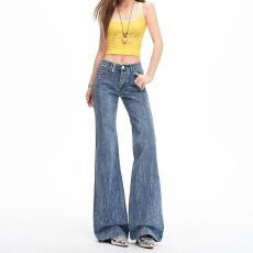 批发复古烫钻不贴腿阔腿<b class='q'>牛仔裤</b>女2026新款宽松爆闪烫钻设计感拖地裤子