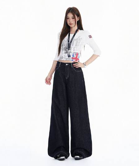 가을 겨울철 새로운 단 니켈 블루 국방 퇴색하다 워싱 수공 마오 못 디자인 센스 중간 허리 루즈핏 넓은 다리 청바지 여성