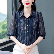 批发复古条纹<b class='q'>中袖</b>衬衫上衣女2026夏季新款时尚气质POLO领显瘦小衫
