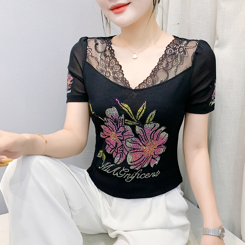 MY7956# 夏季上新设计感蕾丝v领花朵烫钻网纱T恤短袖洋气大码女上衣女...
