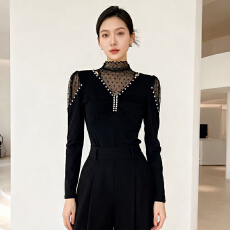 批发实拍秋冬加厚磨毛原创设计钉钻<b class='q'>蕾丝</b>半高领百搭时尚打底小衫<b class='q'>长袖</b>