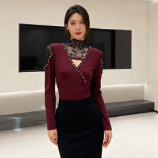 批发秋冬加厚保暖磨毛钉钻<b class='q'>蕾丝</b>半高领百搭时尚打底小衫<b class='q'>长袖</b>女上衣