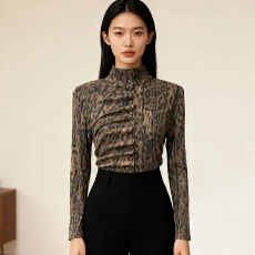 批发春上新女上衣豹纹印花港风不规则长袖修身显瘦时尚打底衫纽扣开衫