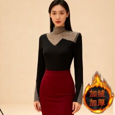 批发双层加厚银狐绒半高领镶钻原创设计女上衣打底小衫大量货 M-3XL