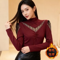 批发秋冬加厚保暖磨毛钉钻拼接半高领百搭时尚打底<b class='q'>小衫</b>长袖女上衣