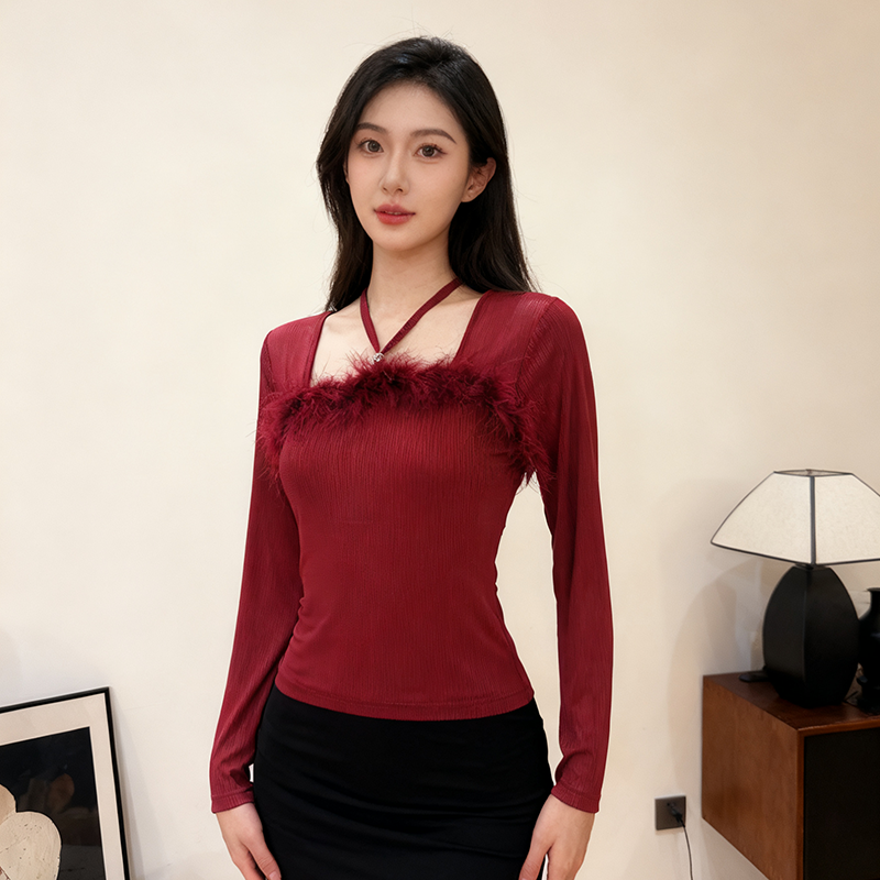 봄 새로운 디자인 센스 Chic 한 단어 모피 칼라 비즈 박기 다이아몬드 세팅 버클 면 티셔츠 긴팔 망사 여성 셔츠 질량 지금