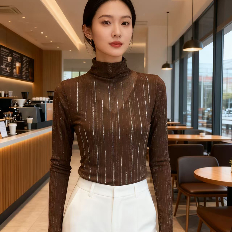 유럽 상품 봄 새로운 디자인 센스 Chic 망사 반하이넥 핫픽스 티셔츠 여성 셔츠 몸매 가꾸기 슬림해 보이는 질량 지금
