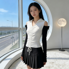 批发实拍春季韩版洋气不规则女上衣<b class='q'>长袖</b>拼色T恤反领时尚小衫 现S-XXL