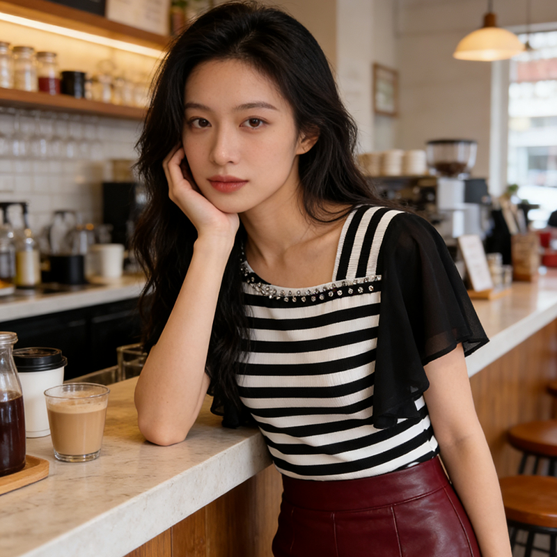 여름 새로운 네클라인 다이아몬드 세팅 불규칙 쉬폰 레이스 민소매 패치워크 몸매 가꾸기 슬림해 보이는 디자인 센스 빛 럭셔리 작은 셔츠