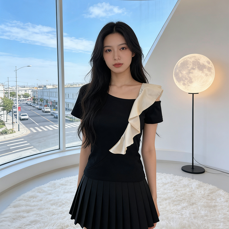 실사 새로운 여름 한국 스타일 외국 가스 몸매 가꾸기 여성 셔츠 반팔 싸움 프릴 배색 티셔츠 다용도 패션 작은 셔츠
