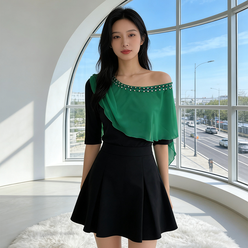 작은 대중 디자인 아니요 명중 섹션 여름 배색 맨위 여성 비스듬한 어깨 비즈 박기 절묘한 당겨서 전체 다용도 몸매 가꾸기 티셔츠 작은 셔츠