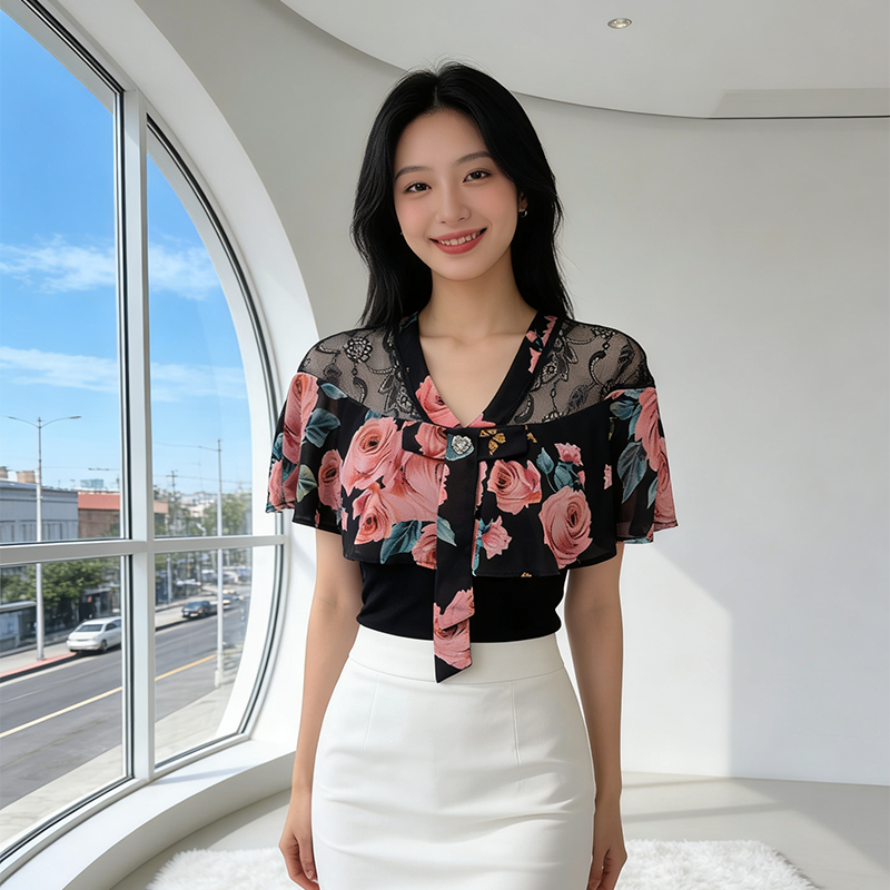 장미 프린트 고급 좋아 보인다. 패치워크 숄 디자인 나비 넥타이 수정 다용도 여름 여성 셔츠 t